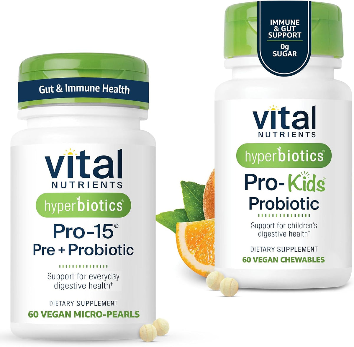 Hyperbiotics Vital Nutrients Family Probiotic Bundle – Pro-15 Prebiotics + Probiotics for Adults (60 Time Release Pearls) & Pro-Kids Chewable Probiotic Tablets (60 Count)