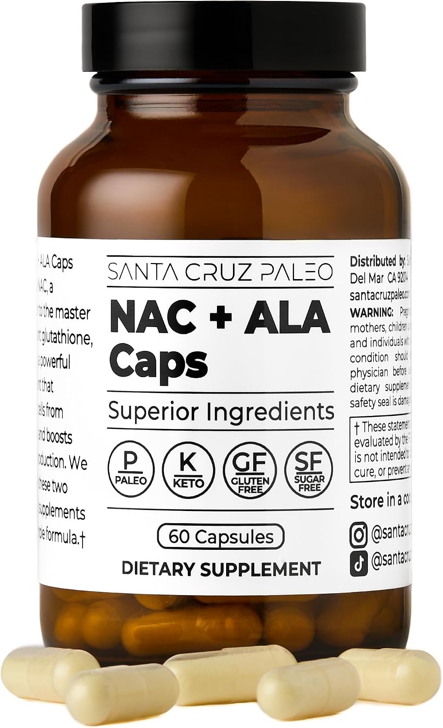 Santa Cruz Paleo, NAC + ALA Caps, NAC Supplement and Antioxidant Complex with Alpha Lipoic Acid and N-Acetyl Cysteine, Cellular Support and Nutrient Balance, Gluten Free, Keto, Paleo, 60 Capsules