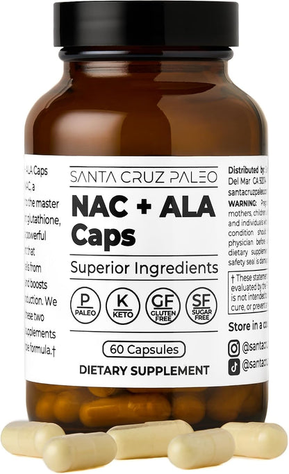 Santa Cruz Paleo, NAC + ALA Caps, NAC Supplement and Antioxidant Complex with Alpha Lipoic Acid and N-Acetyl Cysteine, Cellular Support and Nutrient Balance, Gluten Free, Keto, Paleo, 60 Capsules