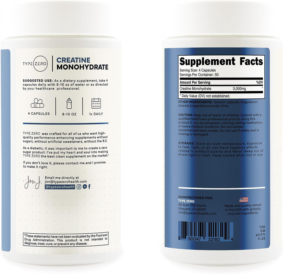 Type Zero Clean Creatine Monohydrate Capsules (3,000mg) 200 Count | Pure Micronized Creatine Supplement, 50 Servings