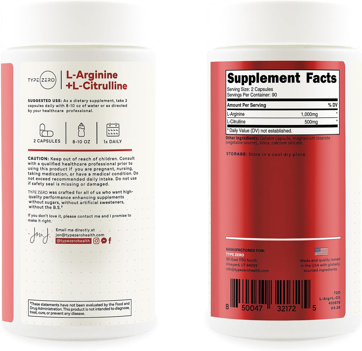 Type Zero L-Arginine + L-Citrulline Supplement (1500mg) 180 Capsules | Nitric Oxide Booster, Clean, Keto-Friendly, GMO-Free, 90 Servings