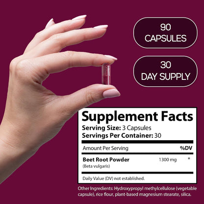 Beet Root Capsules, Pure Beetroot Powder 1300 mg, Circulation Support Supplement, Vegan, Non-GMO, Gluten-Free – 90 Vegetable Capsules
