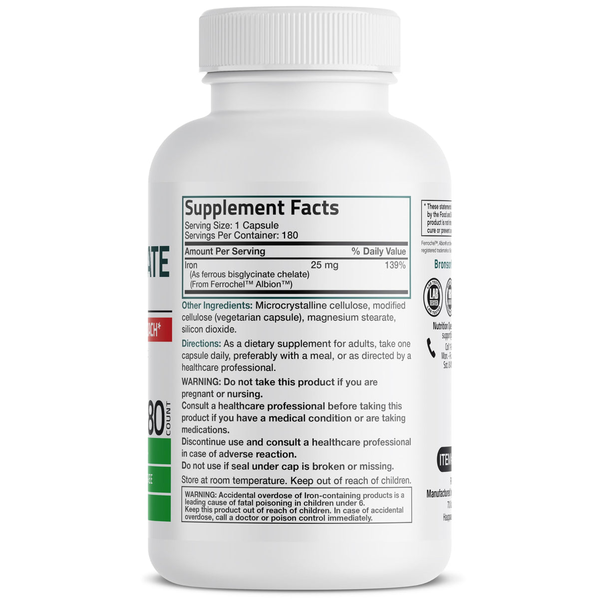 Bronson Iron Bisglycinate 25 mg, 90 Vegetarian Capsules | Gentle on the Stomach, Non-Constipating, Supports Energy & Red Blood Cell Production, Non-GMO, Gluten-Free & Soy-Free
