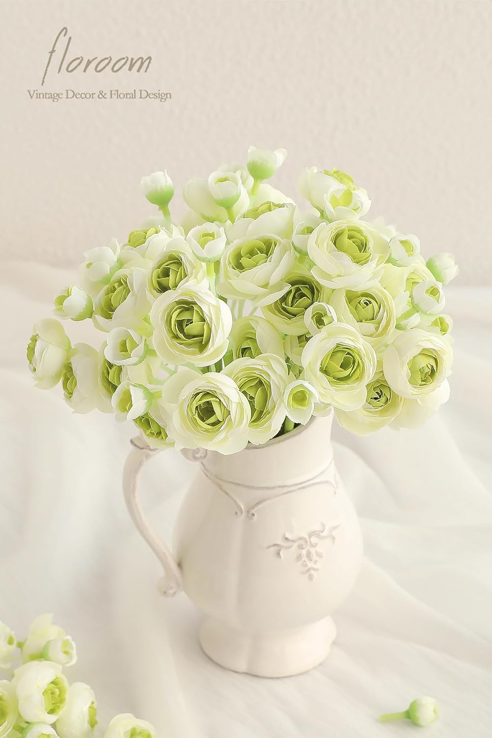 Floroom Ranunculus Artificial Flowers 18 Pcs Green Faux Silk Mini Ranunculus Bulk Fake Wedding