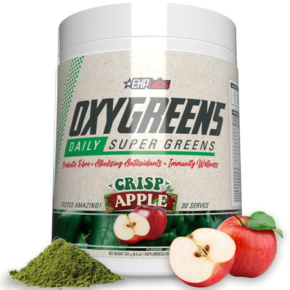 EHP Labs OxyGreens Super Greens Powder with Spirulina & Chlorella, Prebiotic Fiber, Probiotics & Digestive Enzymes – Antioxidant Green Superfood Supplement - 15 Serves (Pineapple)