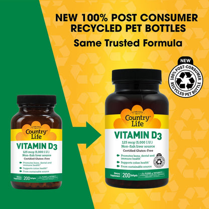 Country Life Vitamin D3 125 mcg 5000 IU, Gluten-Free, 200 Softgels