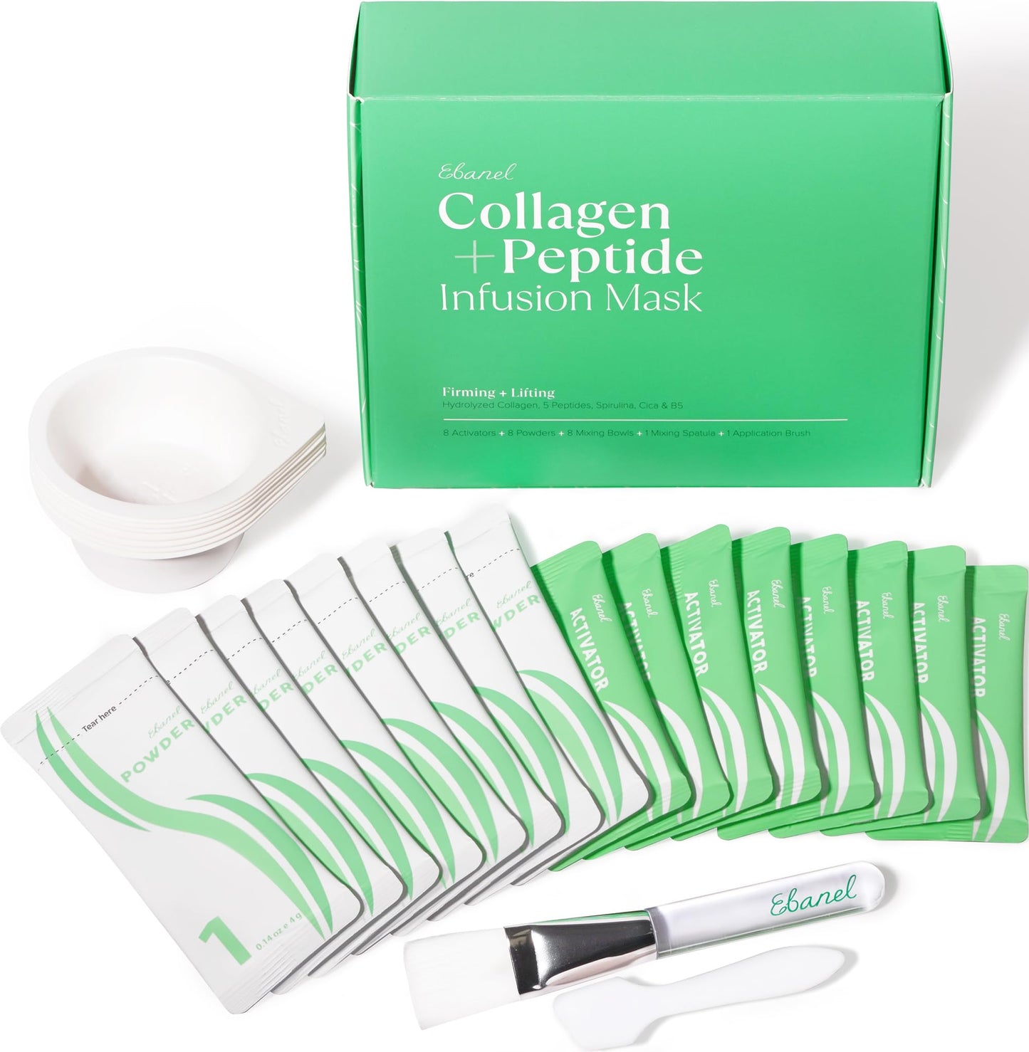 Ebanel Collagen Peptides Wash-Off Face Mask Set, 8 Pack Instant Skin Tightening and Lifting Masks, Brightening Face Mask with Niacinamide, Glutathione, Hyaluronic Acid, Vitamin C, Cica, B5, Albumen