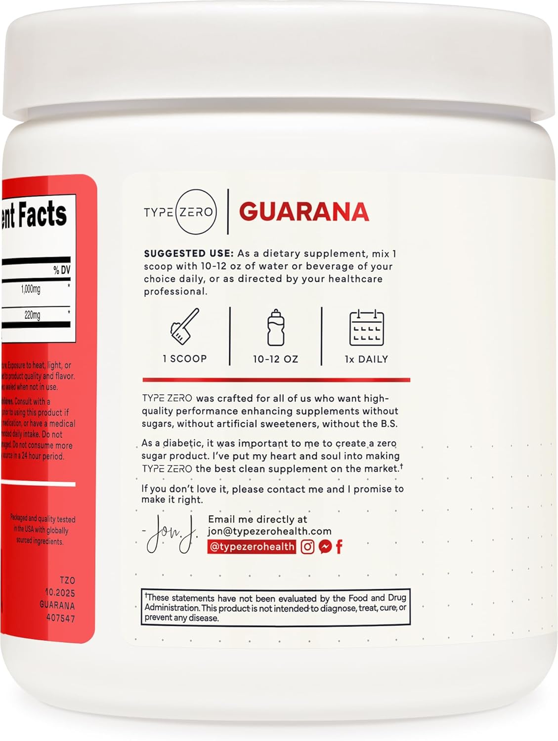 Type Zero Clean Guarana Powder Drink Mix (Unflavored) 250 Servings | 220mg Caffeine Per Serving, Natural Caffeine, Gluten-Free, GMO-Free