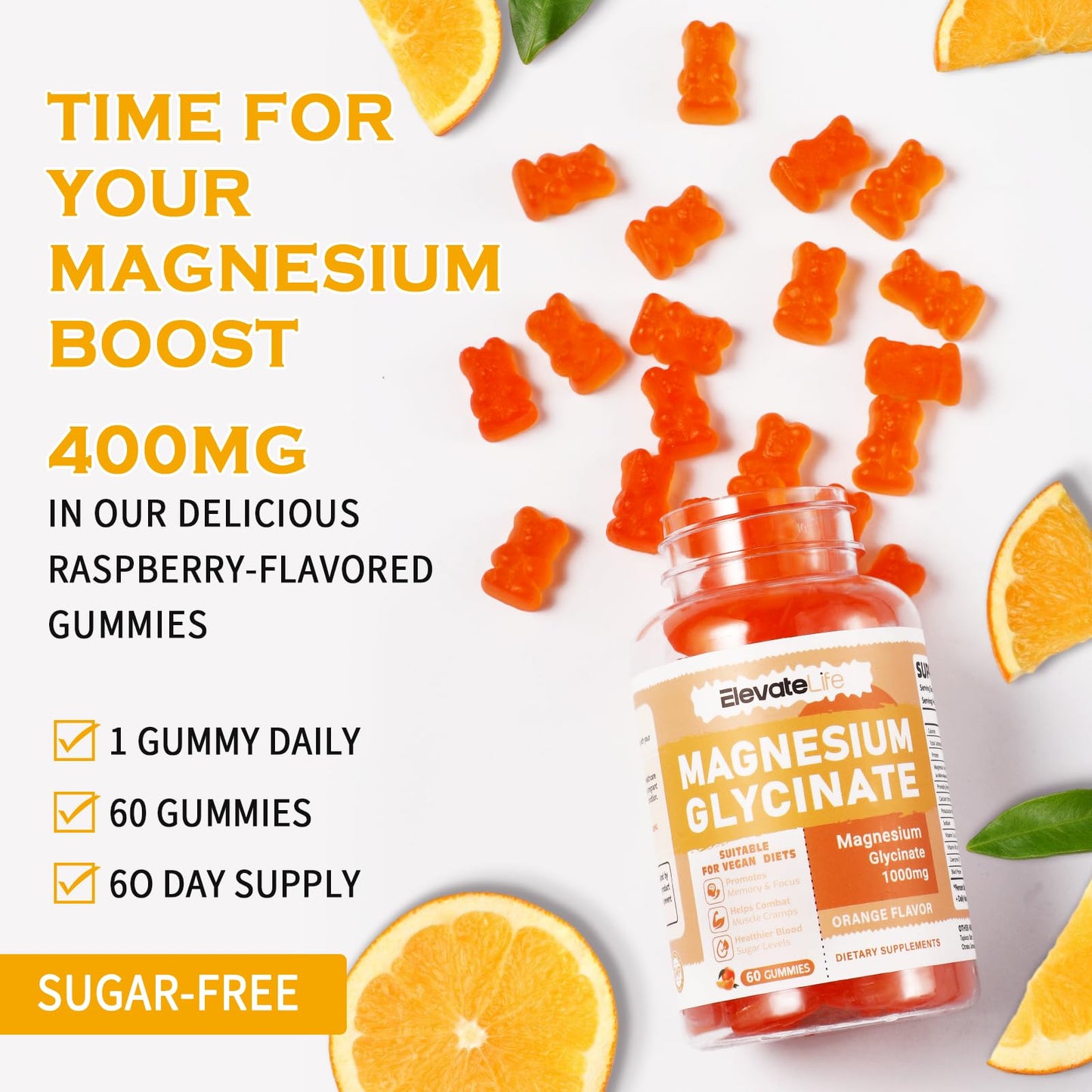 Magnesium Glycinate Gummies 1000mg - Sugar Free Magnesium Potassium Supplement with Vitamin D, B6, CoQ10 for Calm Mood & Sleep Support - 60 Orange Gummies ElevateLifeBuy Supplements Australia