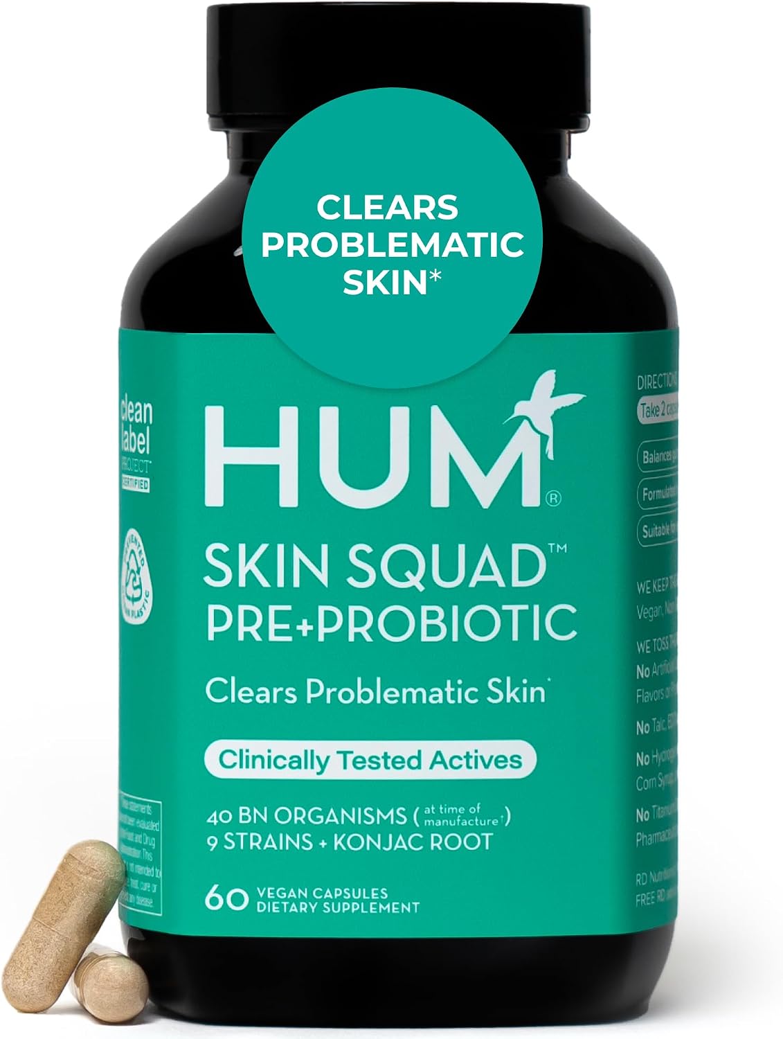 HUM Skin Squad Probiotic & Prebiotic, Skin & Gut Health Support, 60 Count