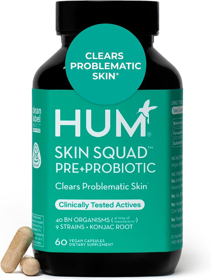 HUM Skin Squad Probiotic & Prebiotic, Skin & Gut Health Support, 60 Count