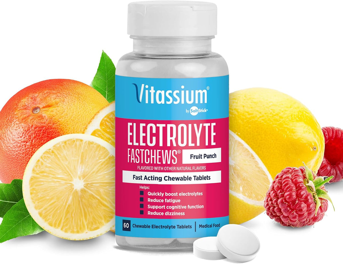Vitassium FastChews, Chewable Electrolyte Tablets for Management of POTS and High Sodium Diets, Fast-Acting Sodium Tablets, Fruit Punch, 60 Count