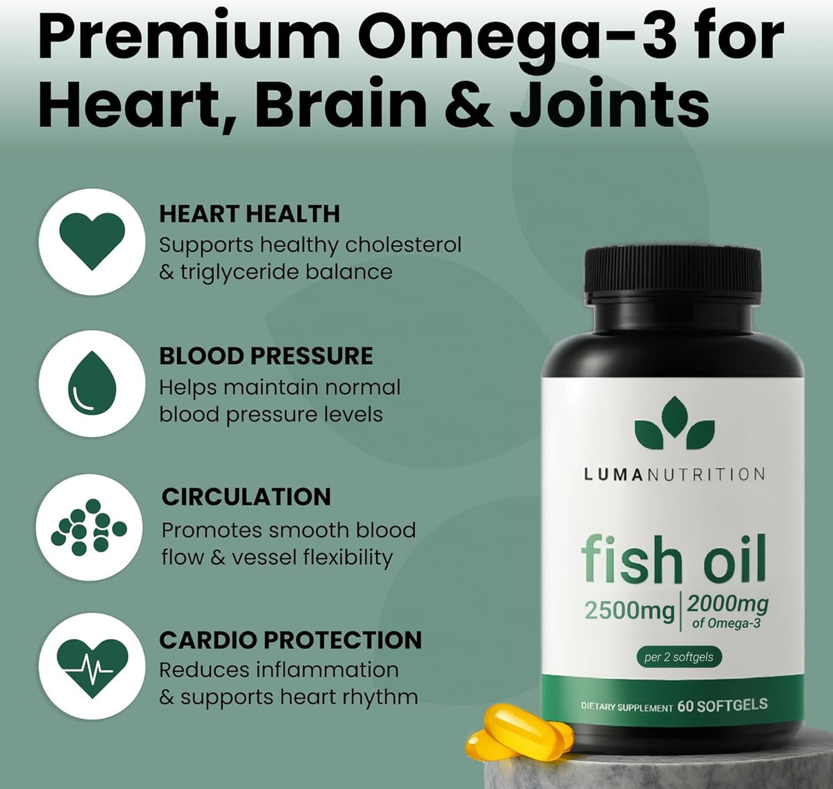 Suplement ​Luma Nutrition Omega 3 Fish Oil Supplement - Extra Strength 2500mg Per Serving - 2000mg EPA & DHA Per Serving - VelvetGlow USA