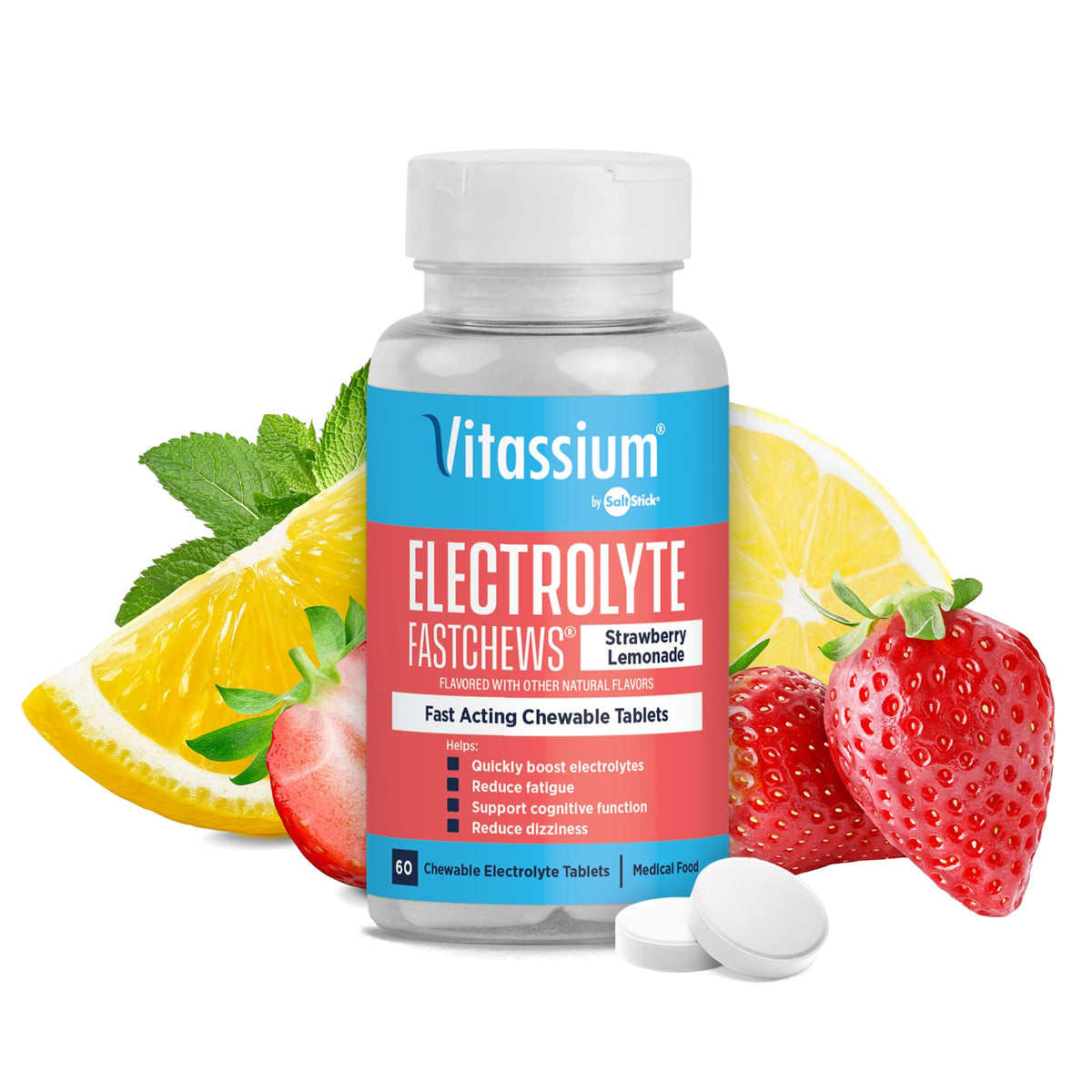 Vitassium FastChews, Chewable Electrolyte Tablets for Management of POTS and High Sodium Diets, Fast-Acting Sodium Tablets, Fruit Punch, 60 Count