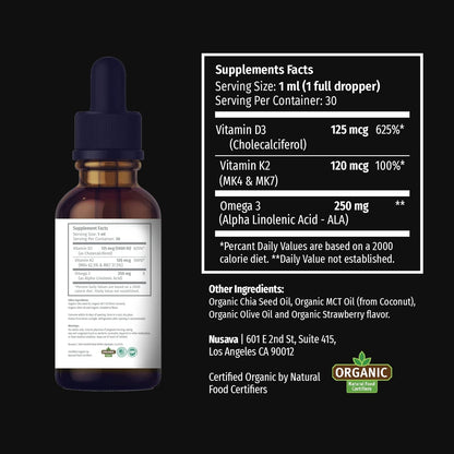 NUSAVA Strawberry Flavored D3 K2 Liquid Drops and Vanilla Flavored D3 K2 Liquid Drops Bundle - Potent Liquid Vitamins for Heart, Joint, Bone, Muscle, & Immune Support - Non-GMO, Gluten-Free, 2pk Each