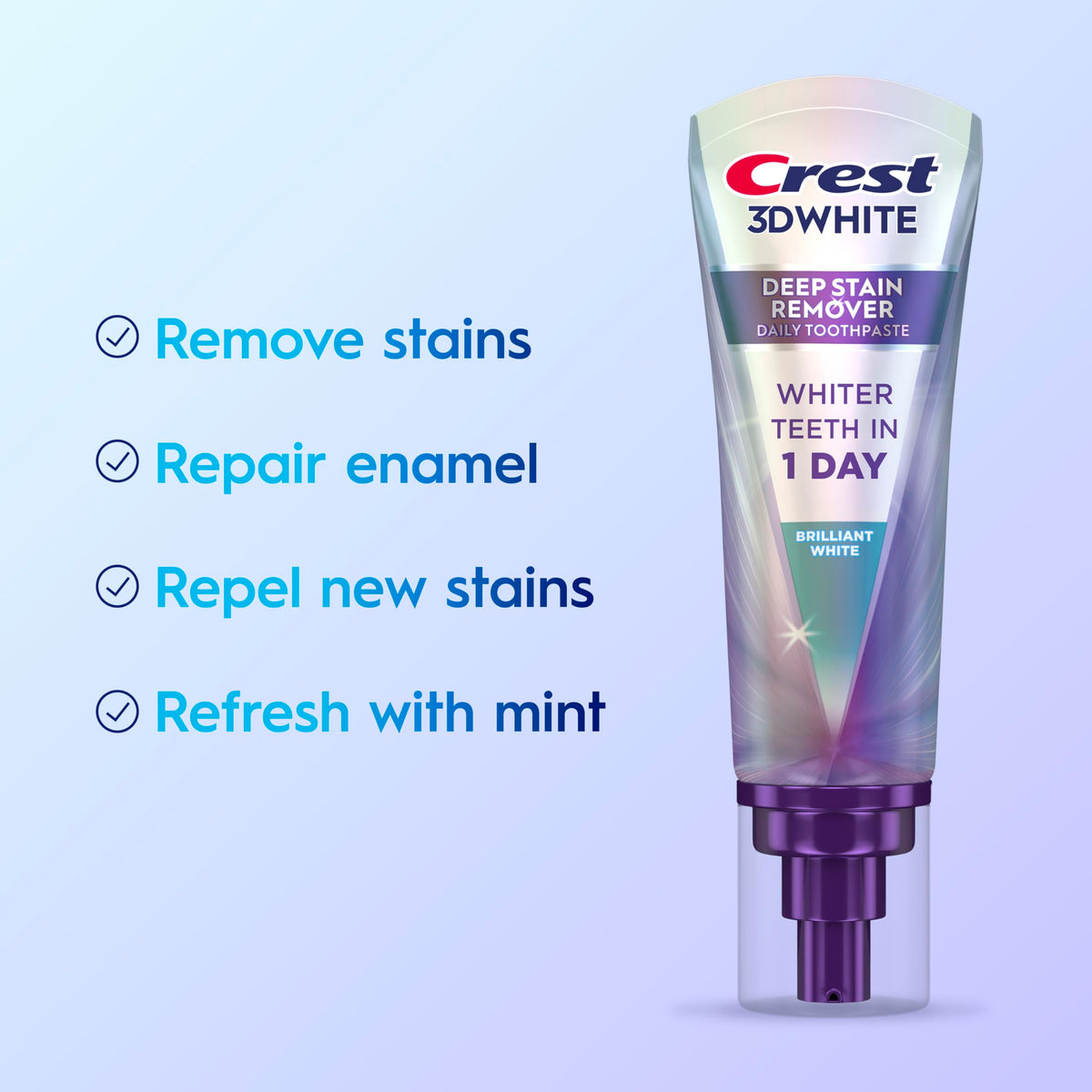 Suplement ​Crest 3D White Deep Stain Remover Toothpaste, Teeth whitening for Adults, 3.1oz, 2 Pack, Sensitivity Safe, Enamel Repair, Cavity Protection - VelvetGlow USA