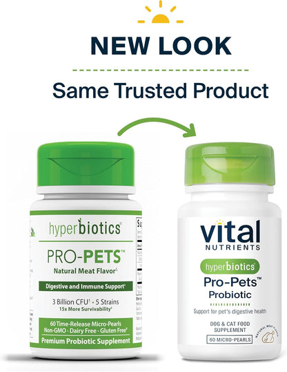 Vital Nutrients Pro Pets Probiotics for Dogs and Cats | Dog Probiotics for Digestive Health, Gut Health, Occasional Diarrhea | Tasty Meat Flavor | Non-GMO | Hyperbiotics | 60 Micro Tablets