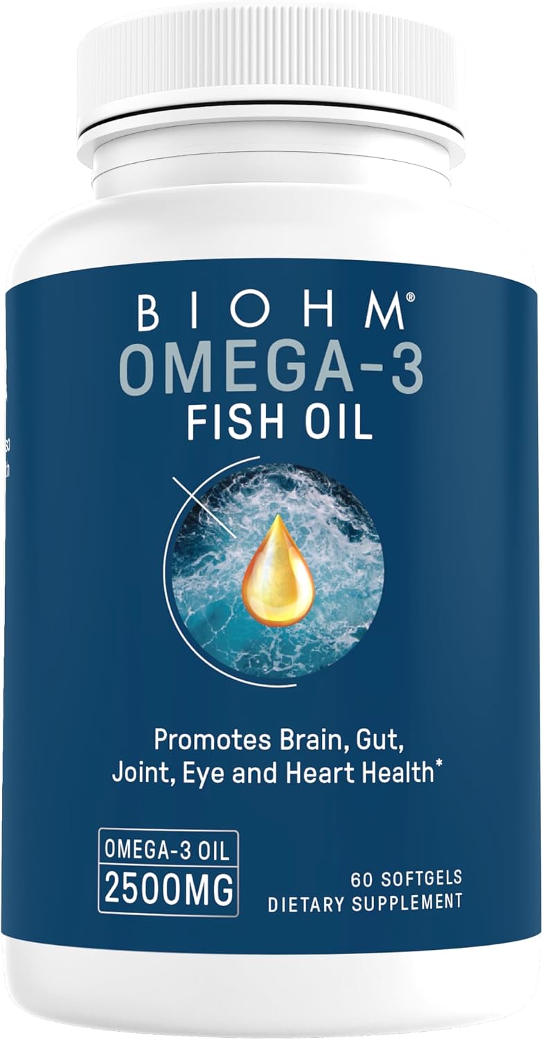 BIOHM Omega-3 Fish Oil 2500mg, 60 Softgels, High Potency 860mg EPA & 630mg DHA, Omega 3 Fatty Acid Supplements to Support Brain, Joint, Eye, Liver & Gut Health, Sustainably Sourced