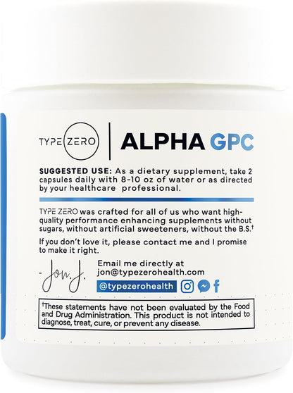 Type Zero Ultra Clean Alpha GPC Choline Supplement (600mg) 90 Capsules | Soy Free, GMO-Free Nootropics Alpha GPC 600mg / 300mg, Brain Memory and Focus Supplements, 45 Servings
