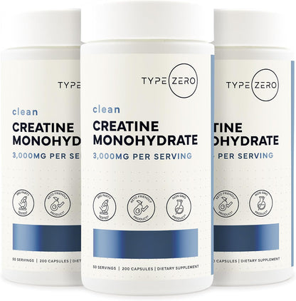 Type Zero Clean Creatine Monohydrate Capsules (3,000mg) 200 Count | Pure Micronized Creatine Supplement, 50 Servings