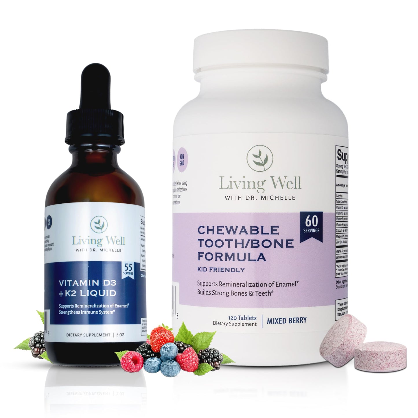 Two supplement bottles from Living Well with Dr. Michelle on a white background
