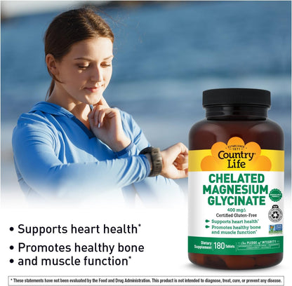 Country Life Chelated Magnesium Glycinate 400 mg, 180 Tablets