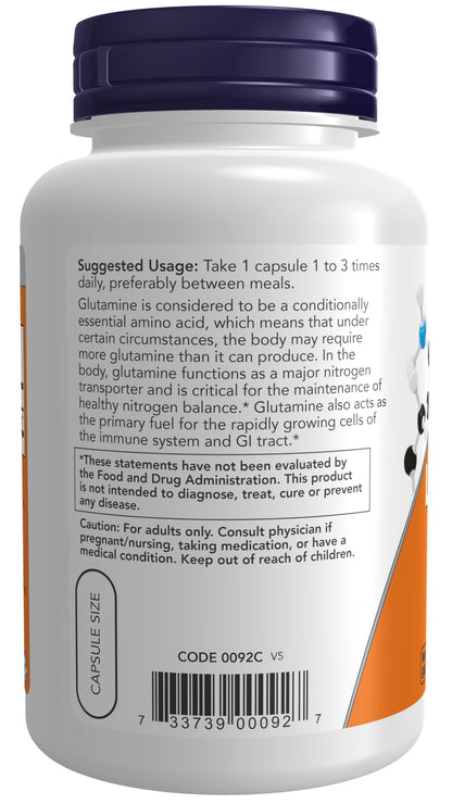 NOW Foods Supplements, L-Glutamine 500 mg, Nitrogen Transporter*, Amino Acid, 120 Veg Capsules