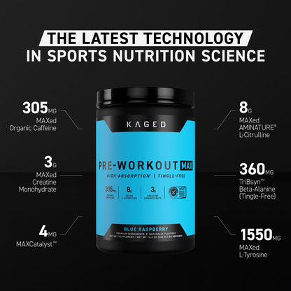 Kaged Pre Workout MAX Powder | Blue Raspberry | Tingle Free, High Stim Pre-Workout | 305 mg Caffeine, Creatine, L-Citrulline | MAXCatalyst for Absorption | Supplements for Men & Women | 20 Servings