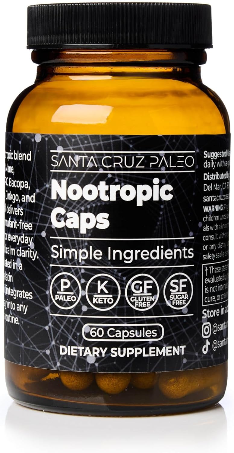 Santa Cruz Paleo Nootropic Capsules – Lions Mane, Alpha GPC, Panax Ginseng & Ginkgo Biloba for Focus, Memory, Mental Clarity & Energy – Keto, Paleo, Gluten Free Brain Supplement, 60 Caps