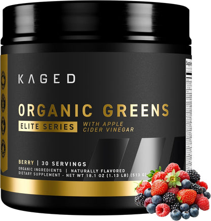 Kaged Organic Greens Elite, Superfood and Greens Powder with Apple Cider Vinegar, Adaptogen, Prebiotics, Vitamins & Minerals, Berry, 30 Servings