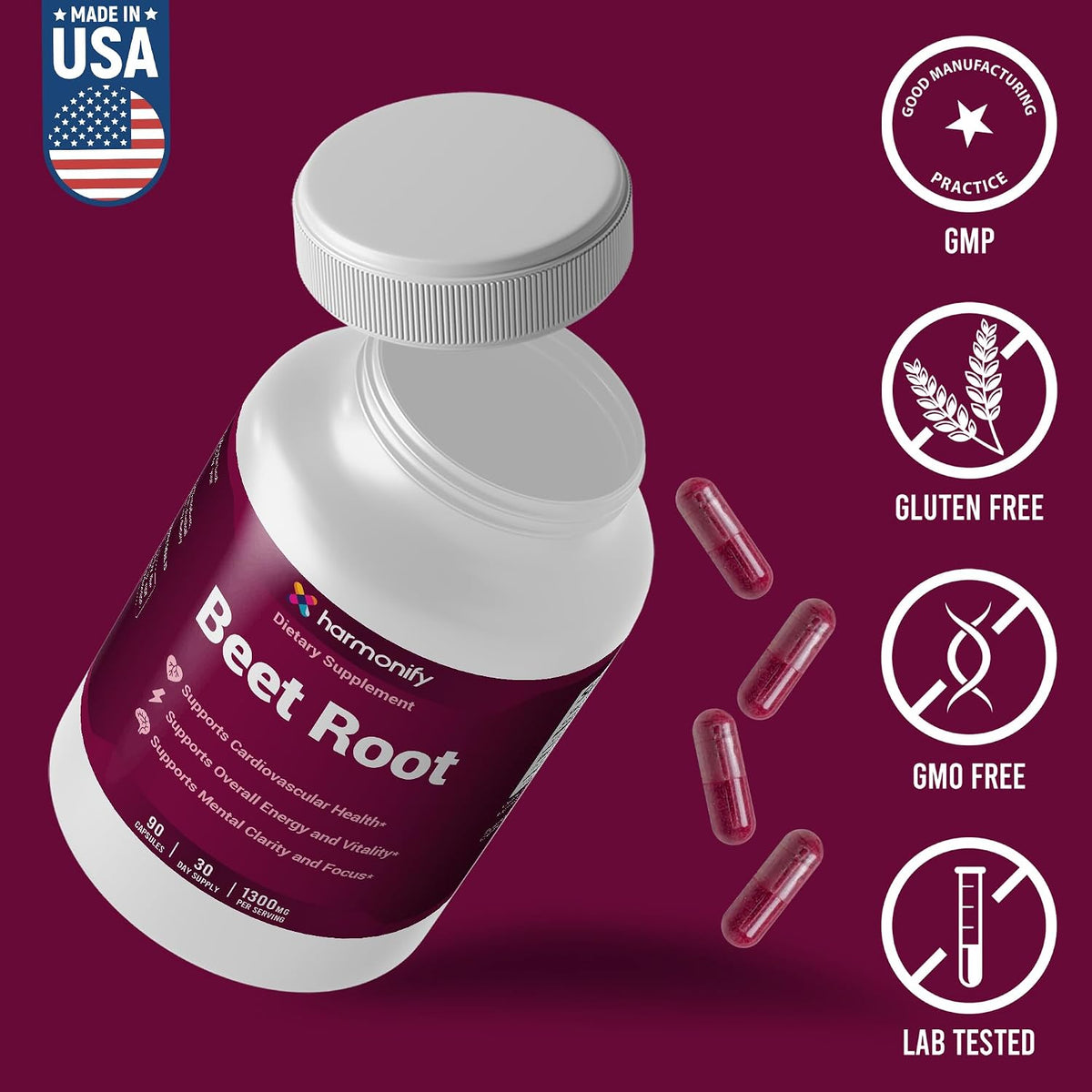 Beet Root Capsules, Pure Beetroot Powder 1300 mg, Circulation Support Supplement, Vegan, Non-GMO, Gluten-Free – 90 Vegetable Capsules