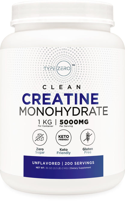 Type Zero Creatine Monohydrate Powder (Unflavored) 500 Grams, Micronized | 5000mg Per Serving, Zero Sugar, Keto Friendly & Gluten-Free, 100 Servings