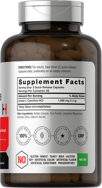 Horbäach Acetyl L-Carnitine 1500mg | 200 Capsules | Extra Strength Supplement | Non-GMO & Gluten Free