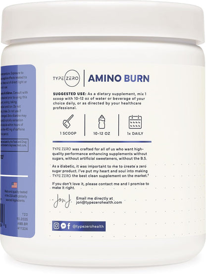 Type Zero Amino Burn (Blue Raspberry) 30 Servings, Clean Pre Workout | Vegan BCAA + Clean Pre Workout Powder with Arginine AKG, L-Citrulline & Beta Alanine, Endurance & Hydration Supplement