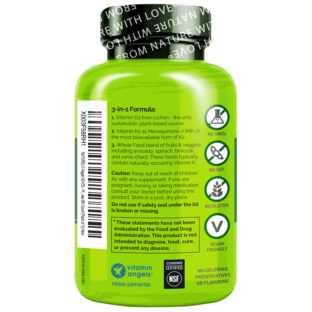 NATURELO Vitamin D3 K2 - Vegan with Plant Based D3 from Lichen - Natural Supplement for Immune System, Bone Support, Heart Health - Whole Food - Non-GMO - Gluten Free, 60 Capsules