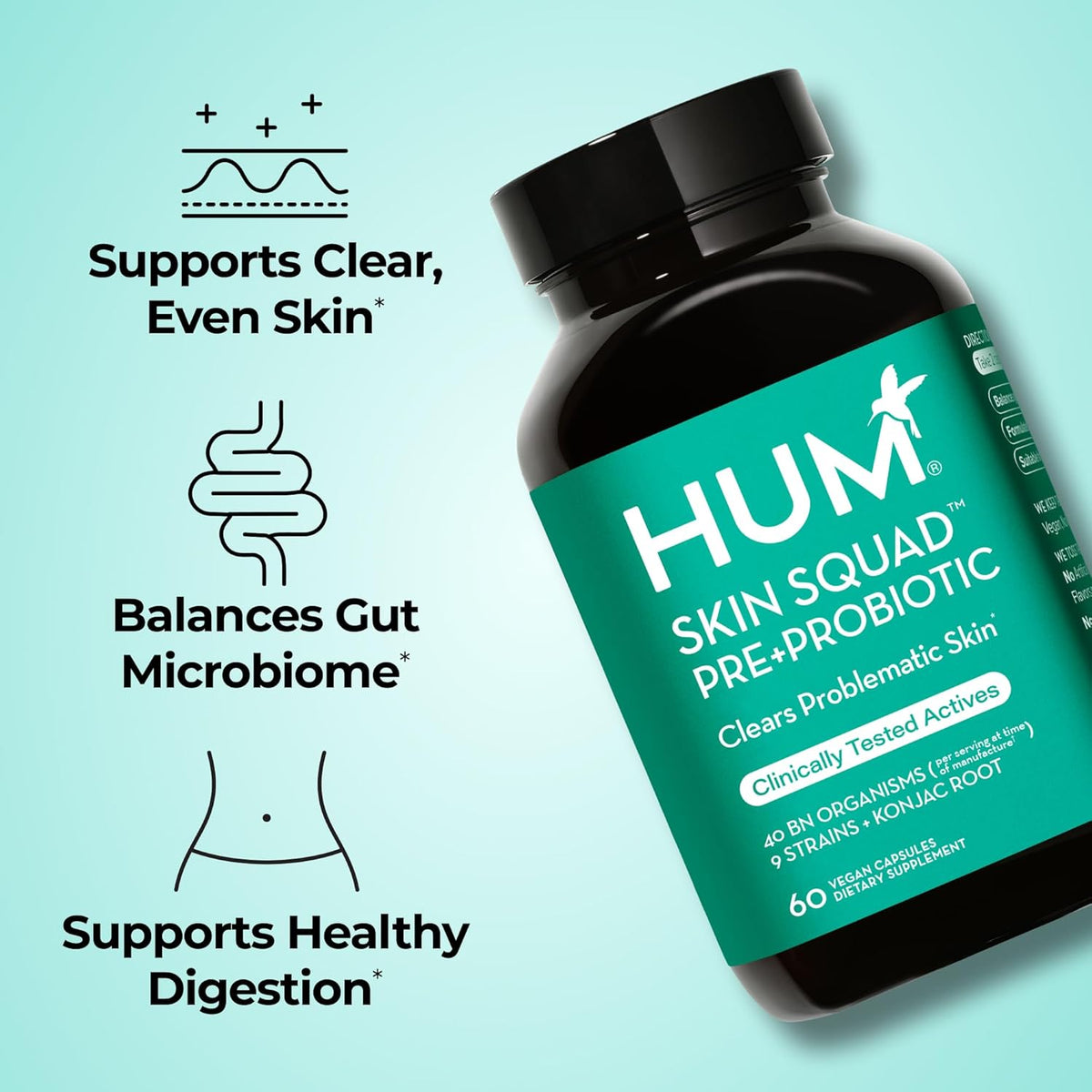 HUM Skin Squad Probiotic & Prebiotic, Skin & Gut Health Support, 60 Count