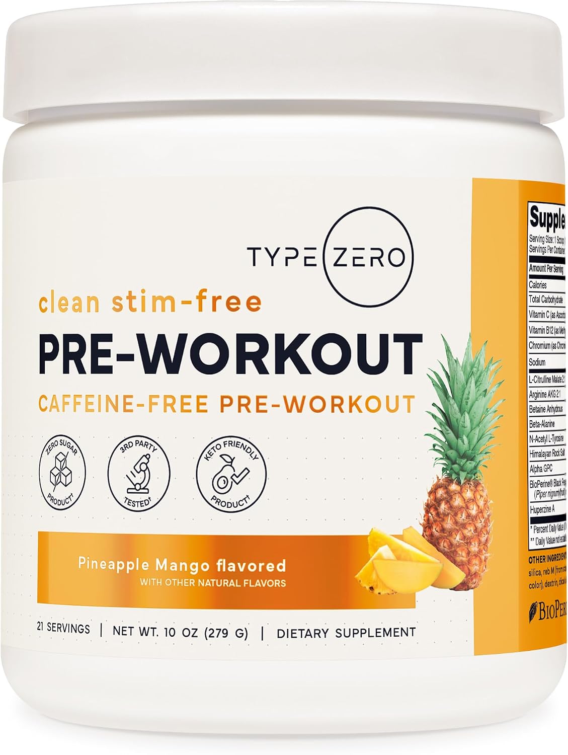 Type Zero Clean Stim Free Pre Workout Powder (Pineapple Mango) 21 Servings | Nitric Oxide Booster with L-Citrulline Malate, Arginine AKG, Beta Alanine, Caffeine & Stimulant Free