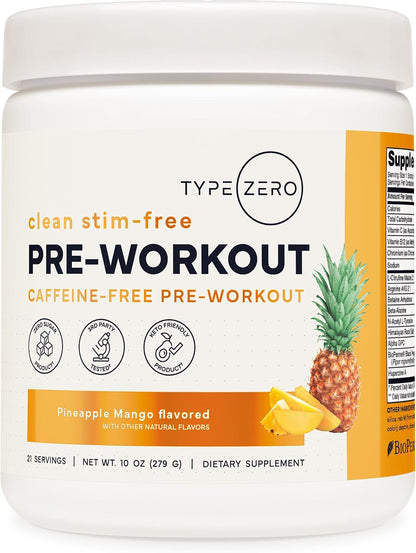Type Zero Clean Stim Free Pre Workout Powder (Pineapple Mango) 21 Servings | Nitric Oxide Booster with L-Citrulline Malate, Arginine AKG, Beta Alanine, Caffeine & Stimulant Free