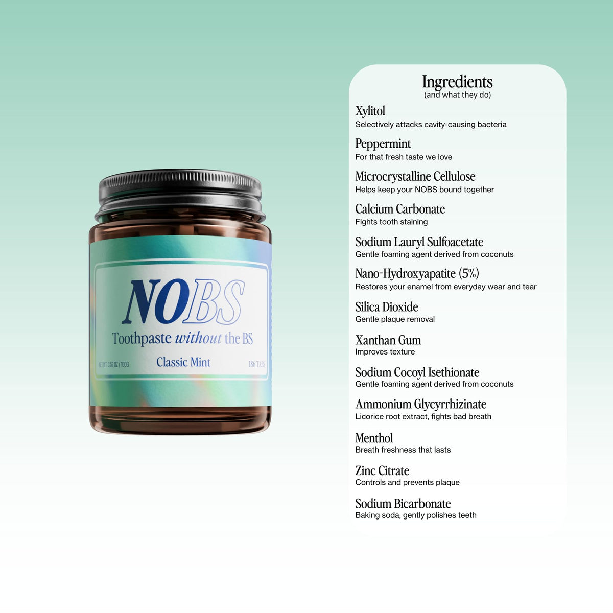 Suplement ​NOBS (No Bad Stuff) Toothpaste Tablets - Nano Hydroxyapatite, Fluoride & Plastic Free, Eco & Travel Friendly - Remineralize with NHA (3 Month) - VelvetGlow USA