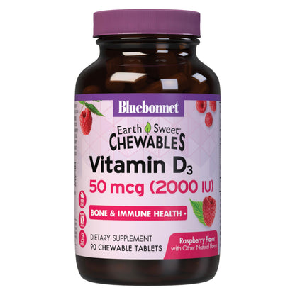 Bluebonnet Nutrition Earth Sweet Vitamin D3 2000 IU Chewable Tablets, Aids in Muscle and Skeletal Growth, D3, Non GMO, Gluten, Free, Soy Free, Milk Free, Kosher, 90 Chewable Tablets, Raspberry Flavor