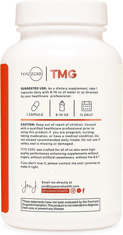 Type Zero Clean TMG (Trimethylglycine) 750mg, 120 Capsules, Gluten Free | GMO-Free