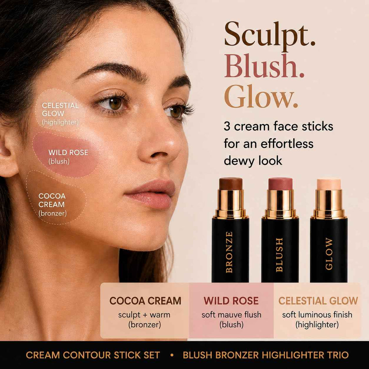 Cream Contour Stick Set – Blush, Bronzer & Highlighter Trio | Hydrating, Buildable, High-Pigment Makeup with Shea Butter & Vitamin E | Phoenix Beauty Gift Set (Enchanted)