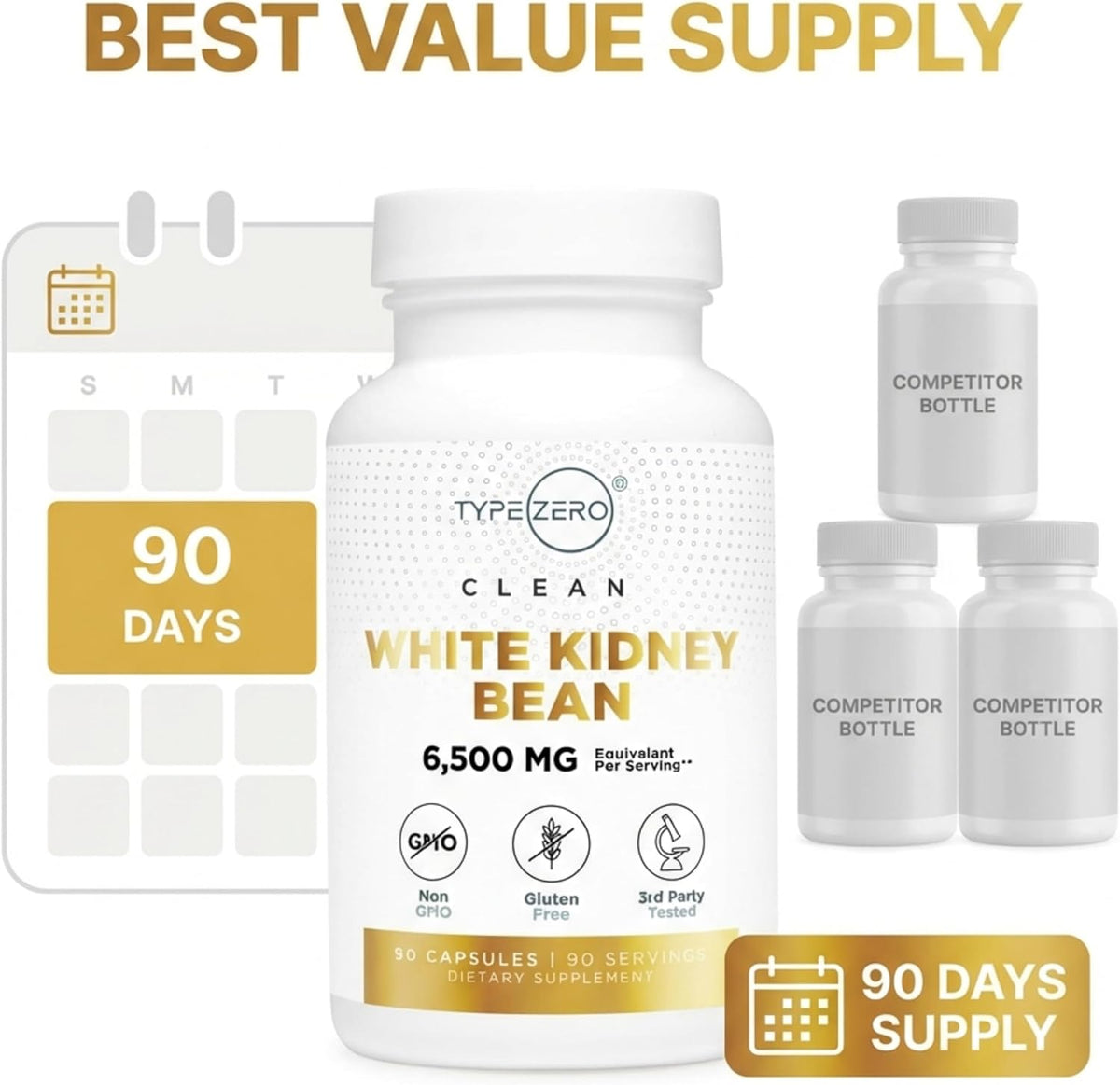 Type Zero Clean White Kidney Bean Extract 90 Capsules for 90 Servings Per Bottle - Non-GMO, Gluten Free