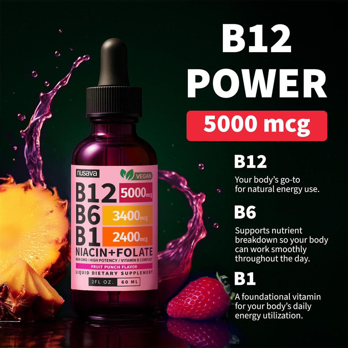 NUSAVA (2 Pack) Vitamin B12 Liquid Drops with B6, B1, Niacin & Folate — B12 Sublingual Vitamin B Complex, Methylcobalamin 5000 mcg, for Energy, Brain & Heart Support, Raspberry Flavor, 80 Servings