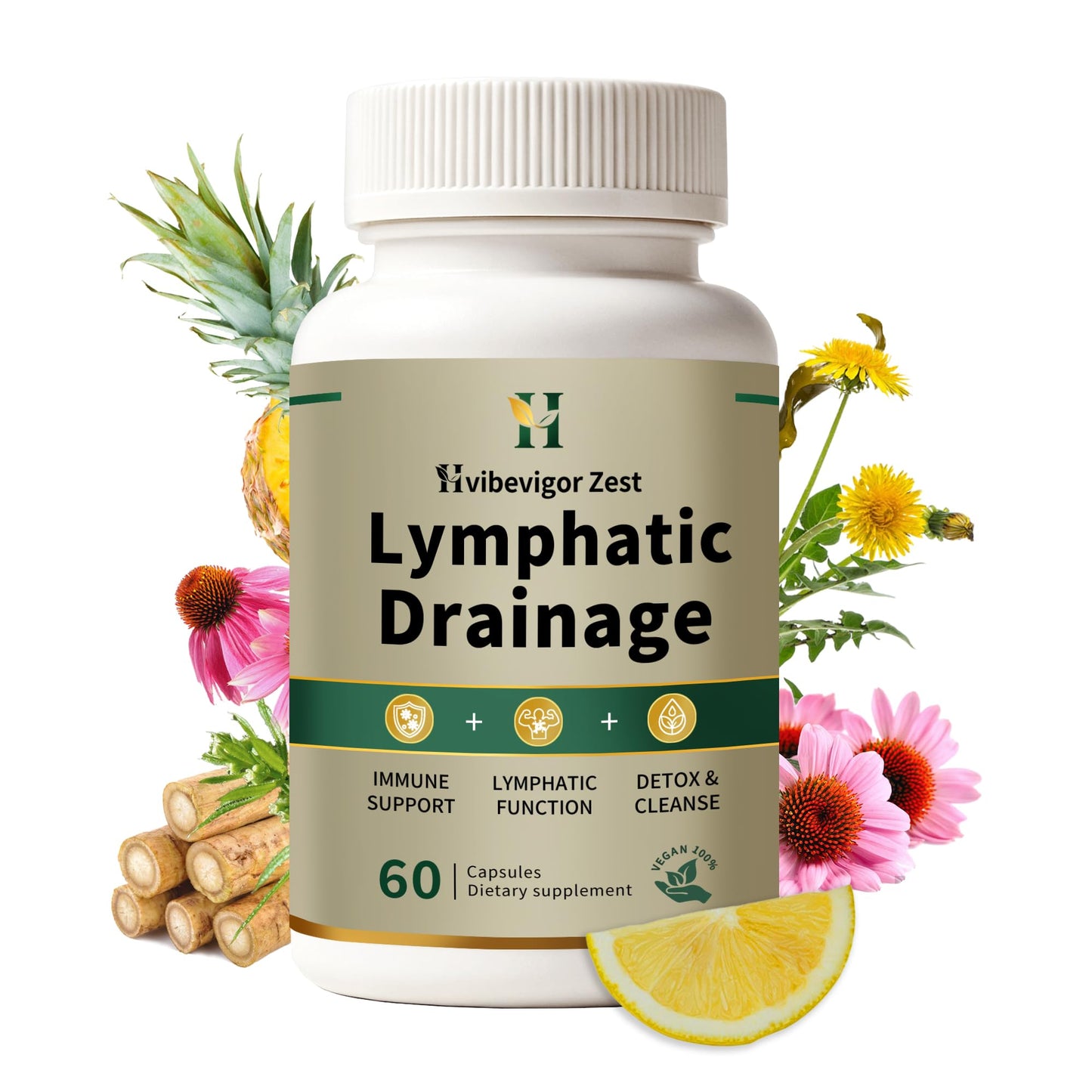 Lymphatic Drainage Supplement – Natural Herbal Formula with Dandelion, Burdock & Echinacea, Supports Fluid Balance, Immune Health & Cellulite Reduction – 60 Capsules HVibeVigor Zest buy supplements Au