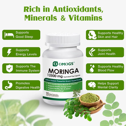 OMOGS Moringa Capsules, Pure Moringa Oleifera Leaf Powder Supplement, Rich Inantioxidants Minerals & Vitamins, for Energy, Metabolism, Immunity & Sleep, Non-GMO, 90 Veg Capsules