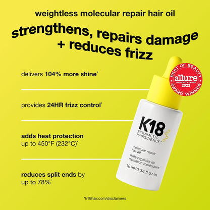 K18 Molecular Repair Hair Oil, Weightless Oil for Stronger, Healthier Hair, Suitable For All Hair Types