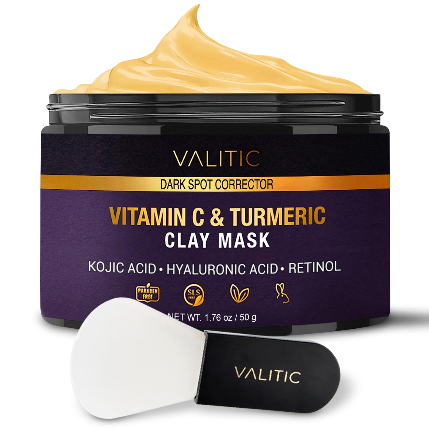 VALITIC Vitamin C & Turmeric Clay Mask - Dark Spot Corrector with Kojic Acid, Hyaluronic Acid & Retinol - Skin Care Routine for Minimizing Pores & Blackheads