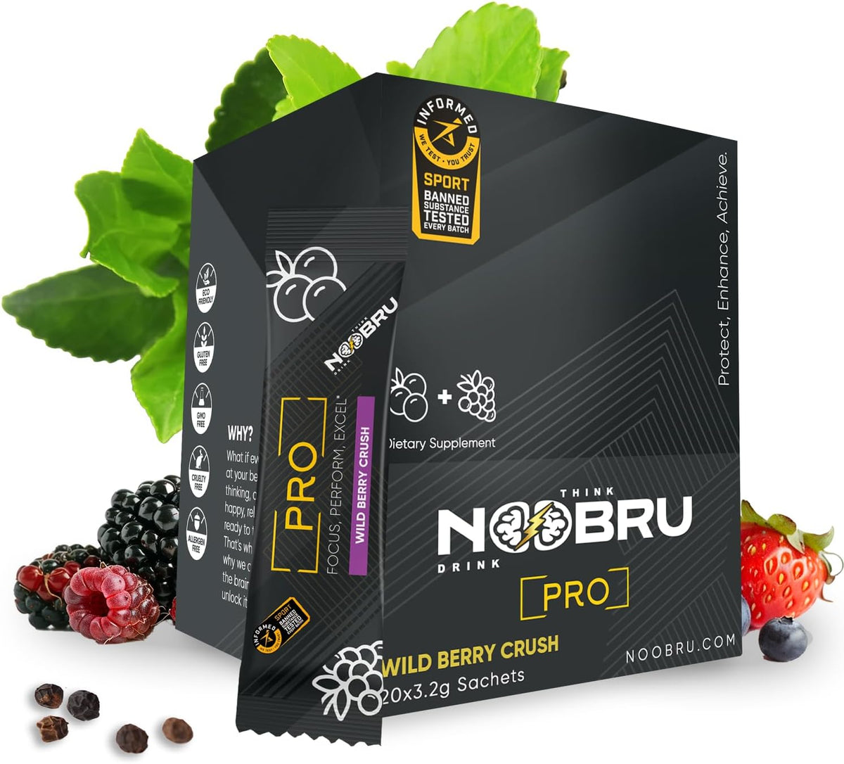Noobru™ Pro - Brain & Nootropic Supplement for Cognitive Performance, Mental Clarity, and Focus - Precision-Formulated Drink with 17 Research-Backed Ingredients - 20 Servings