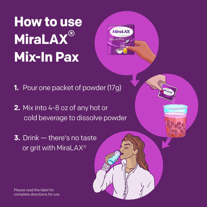 MiraLAX Gentle Constipation Relief Laxative Powder, Stool Softener with PEG 3350, No Harsh Side Effects, 1 Doctor & OBGYN Recommended, Single Dose Mix-in Pax, Travel Pack, 24 Dose